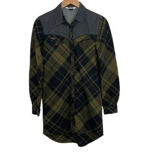 Nikita Olive Green  Black Plaid and Denim Shirt Dress
